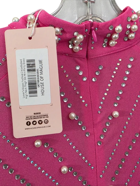 Nwt House Of Maguie Hot Pink Longsleeve Rhinestone,feathers & pearls Party Dress - Picture 12 of 16